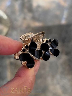 Уникално красива златиста метална щипка с размери 4 на 2,5 см, с кристални черни пеперуди, топ качество, стабилна закопчалка - ST1218